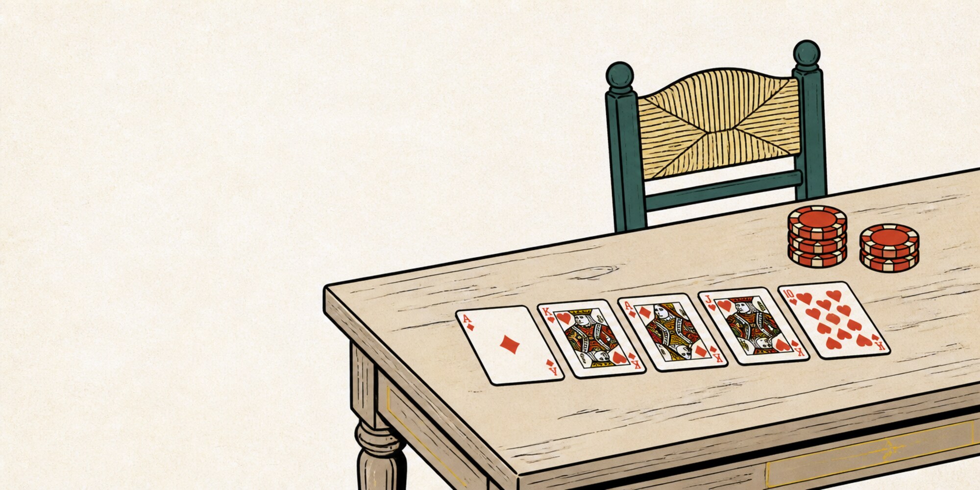 Una mesa de madera con cinco cartas boca arriba, dos pilas de fichas y una silla vacía.