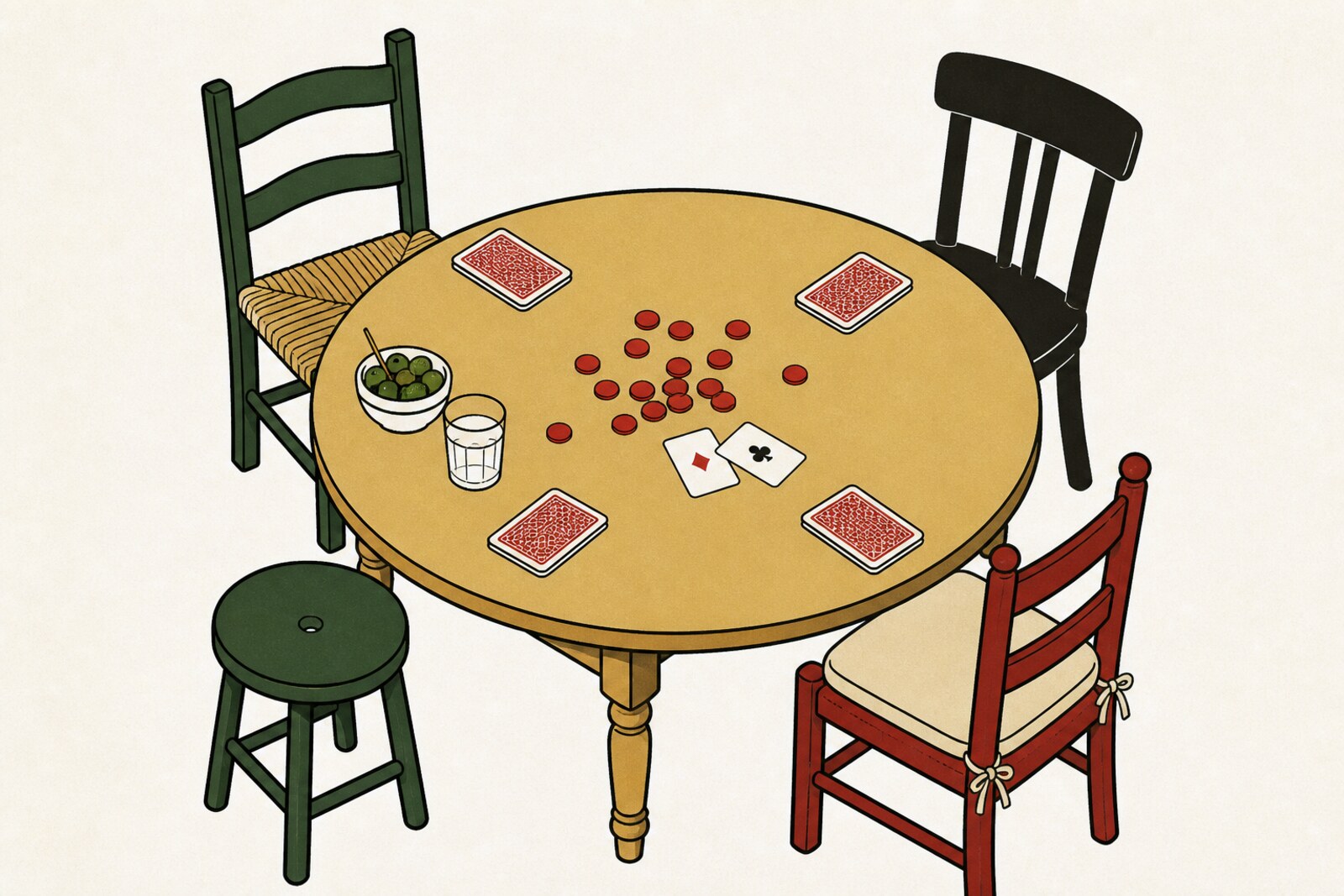 Una mesa camilla con cuatro sillas desparejadas, cartas repartidas y fichas en el centro, con un plato de aceitunas al borde.