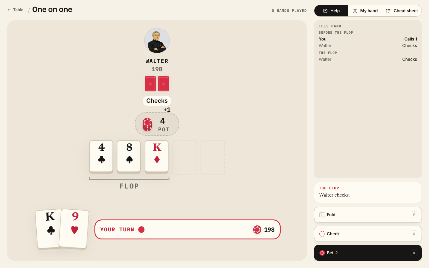 The practice table on a computer, with the hand logged street by street and each button showing its key.