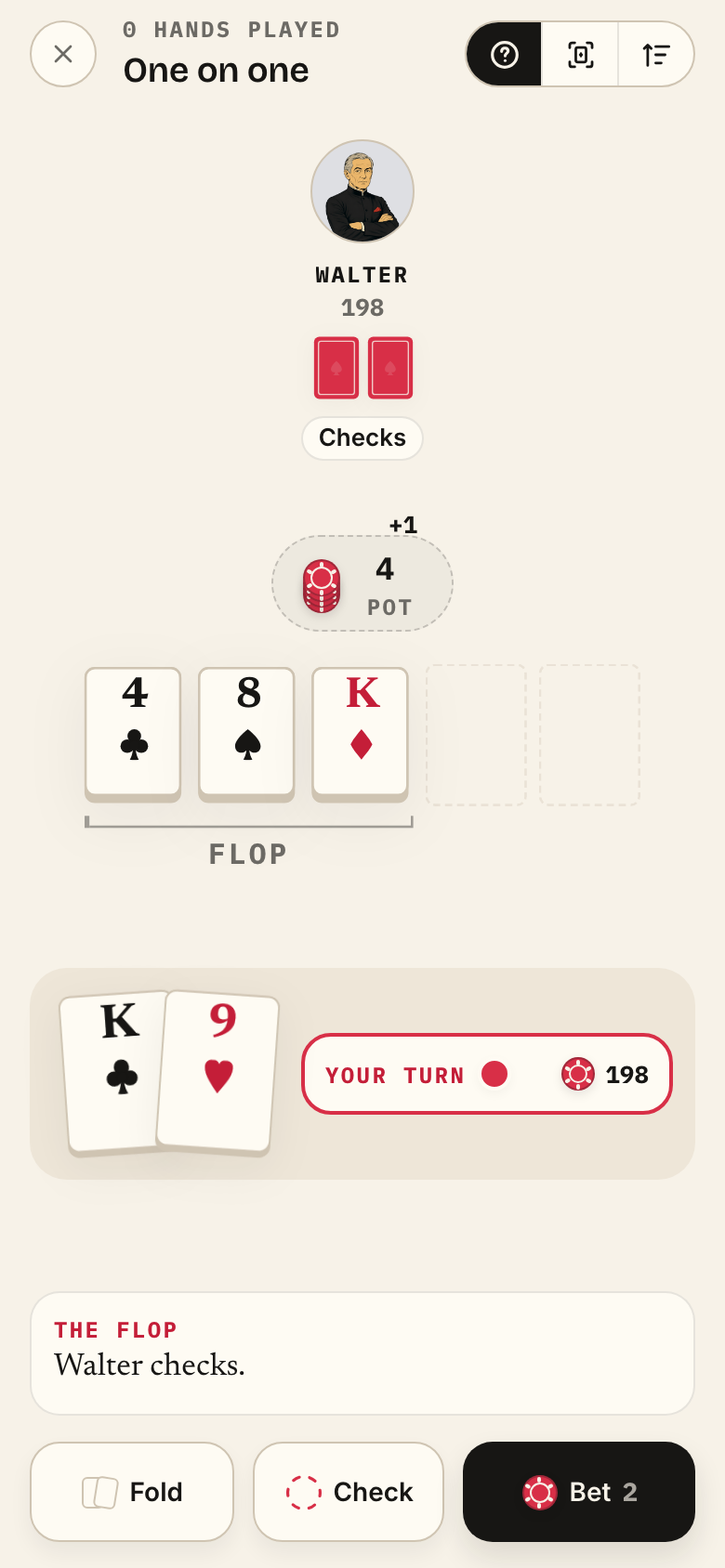 Pokeo's practice table on a phone: Walter across the table, the flop on the board and your two hole cards below.